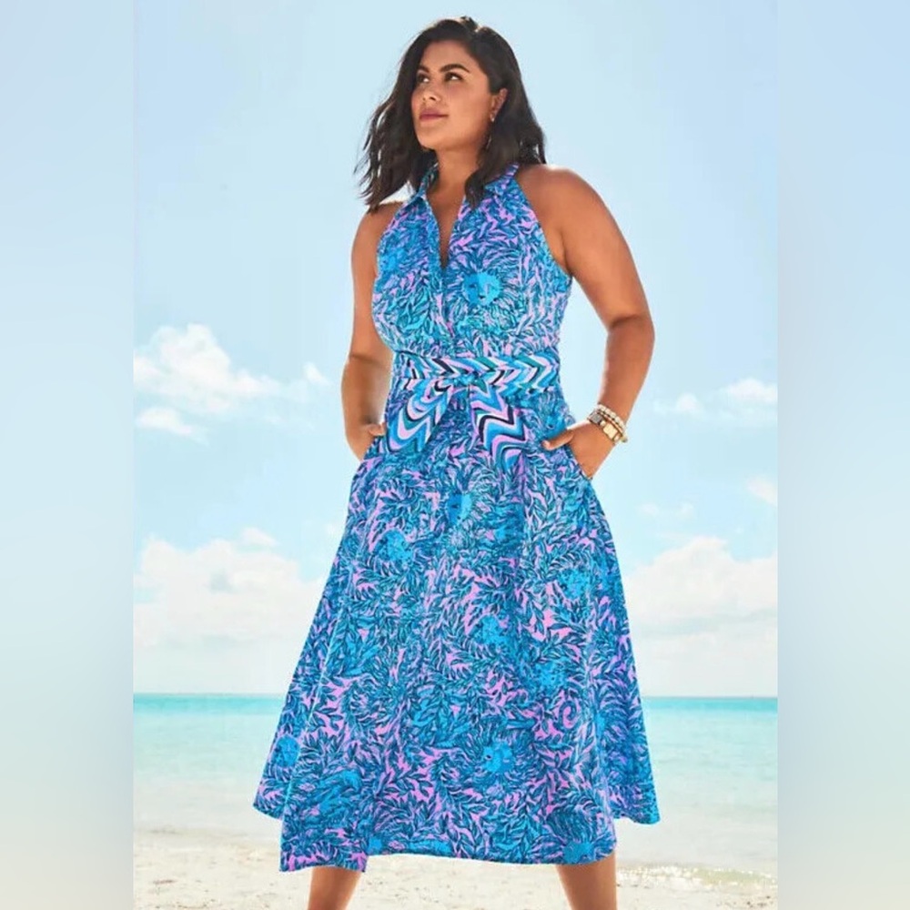 Lilly Pulitzer Chrisella stretch midi halter shirtdress with sash • Bermuda Blue